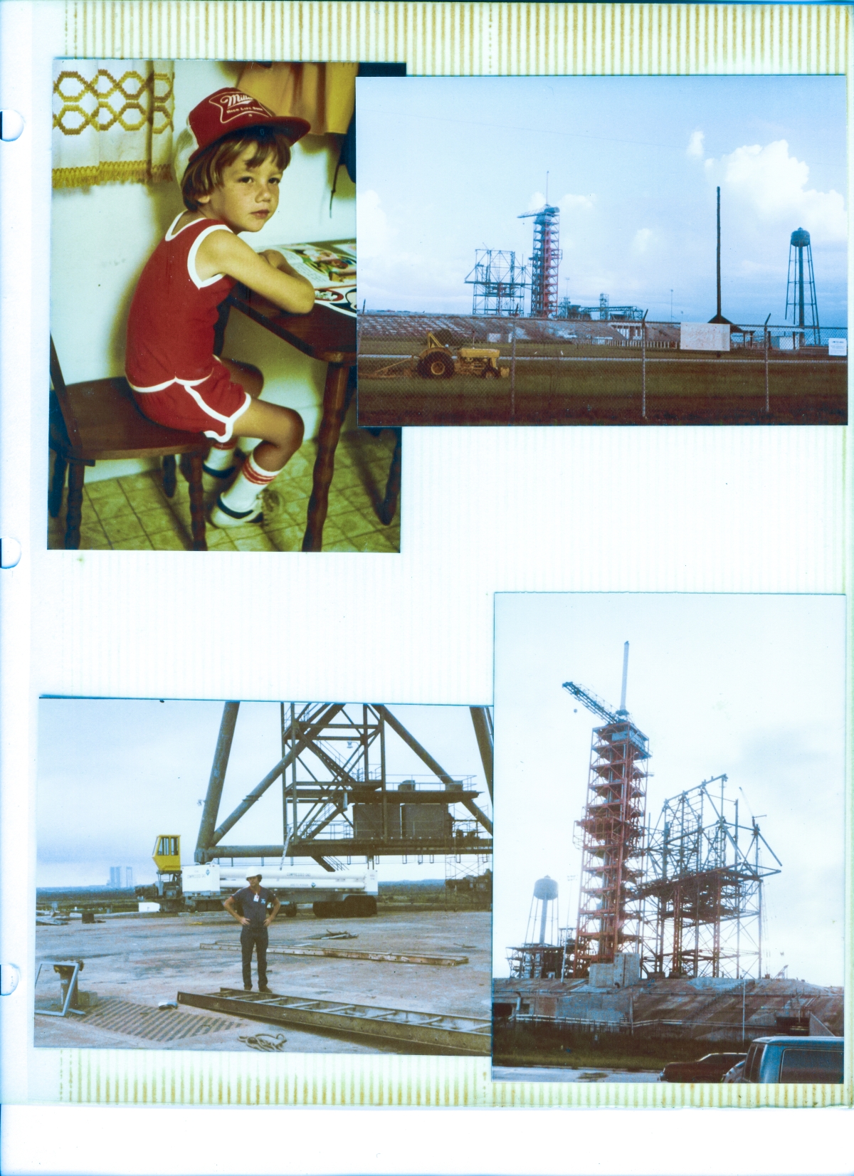 Top Left: My son Kai. The Light and The Rudder of my life. Top & Bottom Right: Earliest photos I took of the Rotating Service Structure at Space Shuttle Launch Complex 39-B, Kennedy Space Center, Florida, as it was being assembled from the structural elements which were fabricated and delivered to the pad by Sheffield Steel, who I was working for at the time. Bottom Left: James MacLaren stands beneath the RSS at Pad B, after the falsework which it had been constructed upon had been removed, and it was now self-supporting. In the background, a high-pressure gas trailer can be seen parked in front of the Column Line 7 main framing steel. On the forward RSS Truck Drive at Column Line 7, the yellow cab in which the “driver” of the RSS would sit when it was placed into motion and moved from one position to another. In the far distance, the Vertical Assembly Building can be seen.